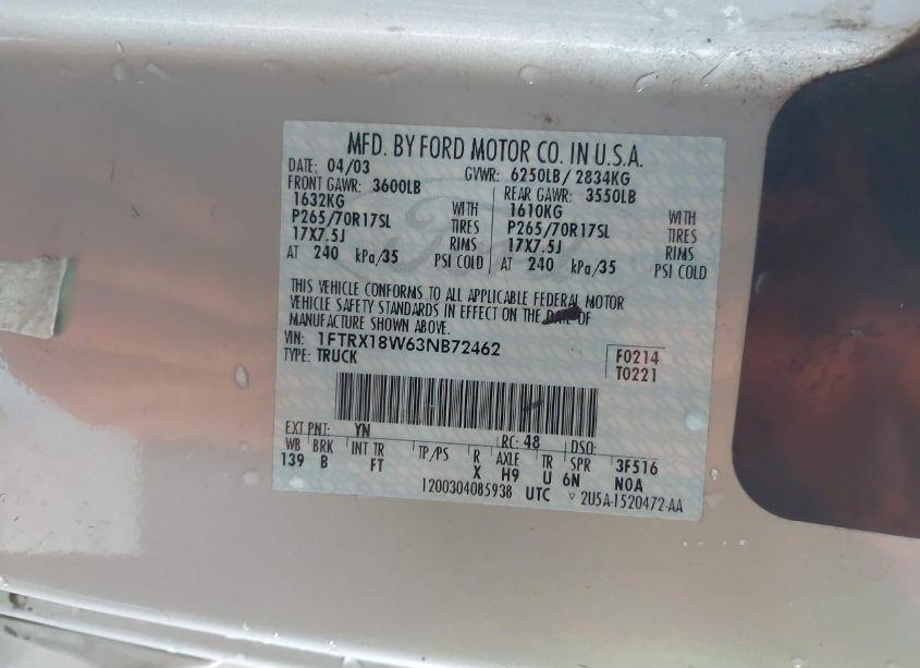 Photo 9 of 2003 Ford F-150 LARIAT/XL/XLT (VIN 1FTRX18W63NB72462)