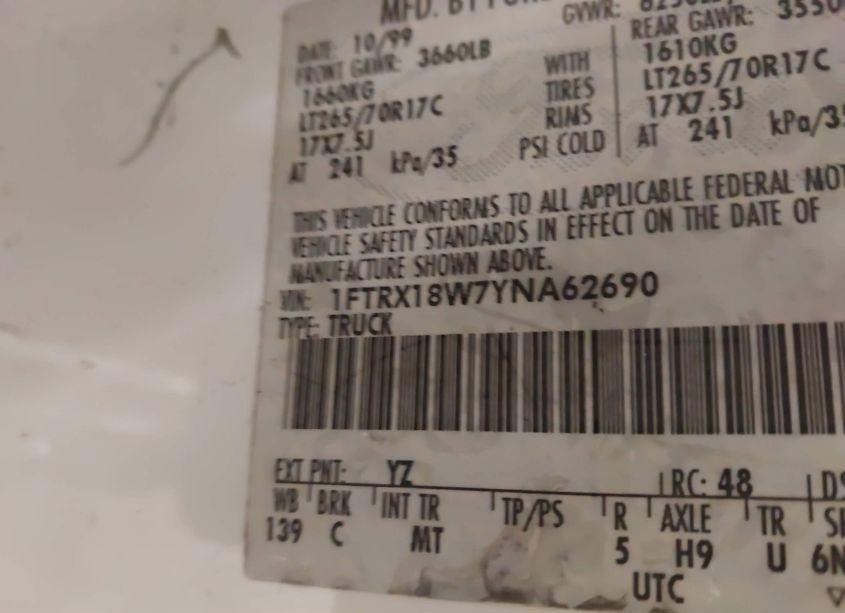 Photo 9 of 2000 Ford F-150 LARIAT/WORK SERIES/XL/XLT (VIN 1FTRX18W7YNA62690)