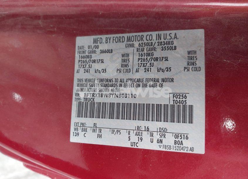 Photo 9 of 2000 Ford F-150 LARIAT/WORK SERIES/XL/XLT (VIN 1FTRX18W8YNB08110)