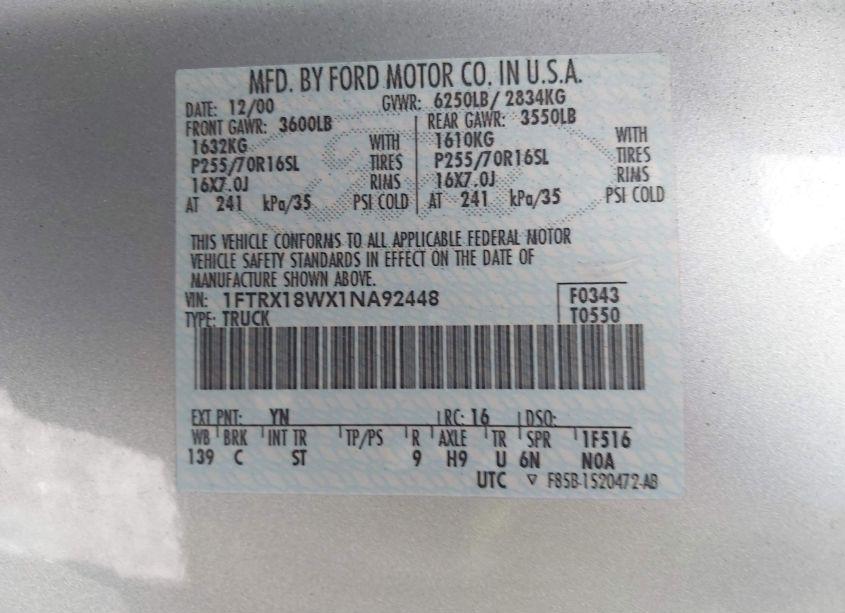 Photo 9 of 2001 Ford F-150 LARIAT/XL/XLT (VIN 1FTRX18WX1NA92448)