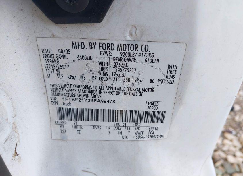 Photo 9 of 2006 Ford F-250 XL/XLT (VIN 1FTSF21Y36EA99478)