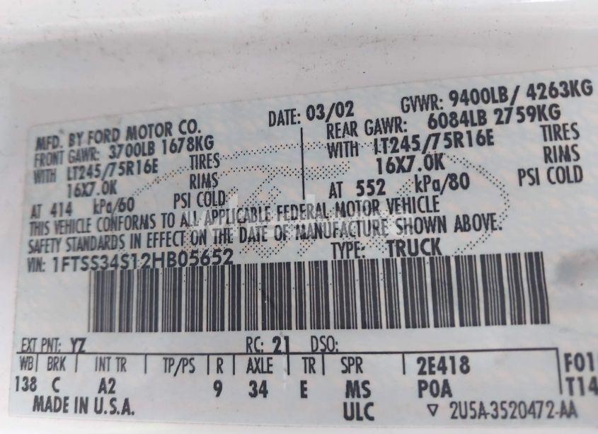 Photo 9 of 2002 Ford E-350 SUPER DUTY (VIN 1FTSS34S12HB05652)