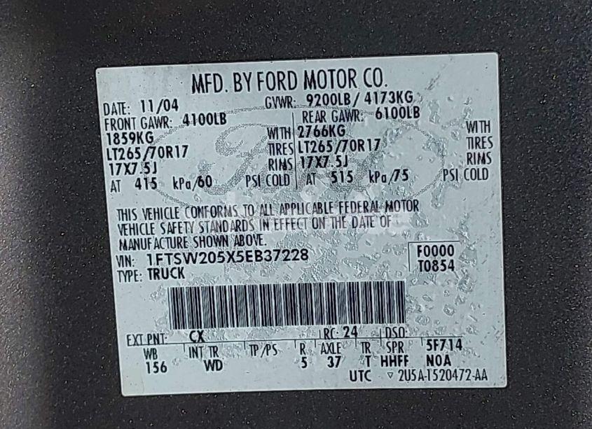 Photo 9 of 2005 Ford F-250 LARIAT/XL/XLT (VIN 1FTSW205X5EB37228)