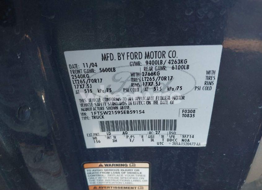 Photo 9 of 2005 Ford F-250 LARIAT/XL/XLT (VIN 1FTSW21595EB59154)