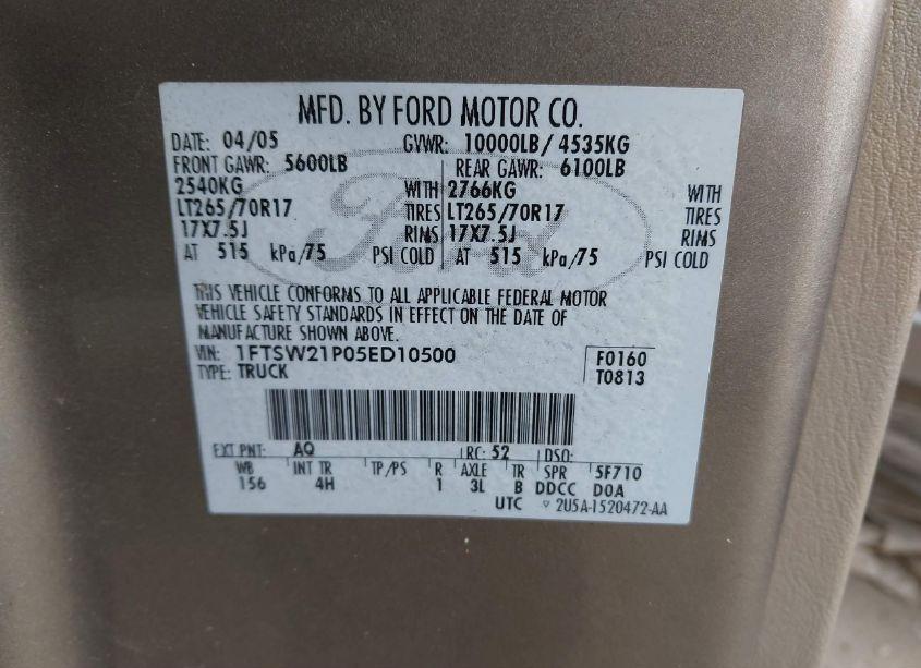 Photo 9 of 2005 Ford F-250 LARIAT/XL/XLT (VIN 1FTSW21P05ED10500)