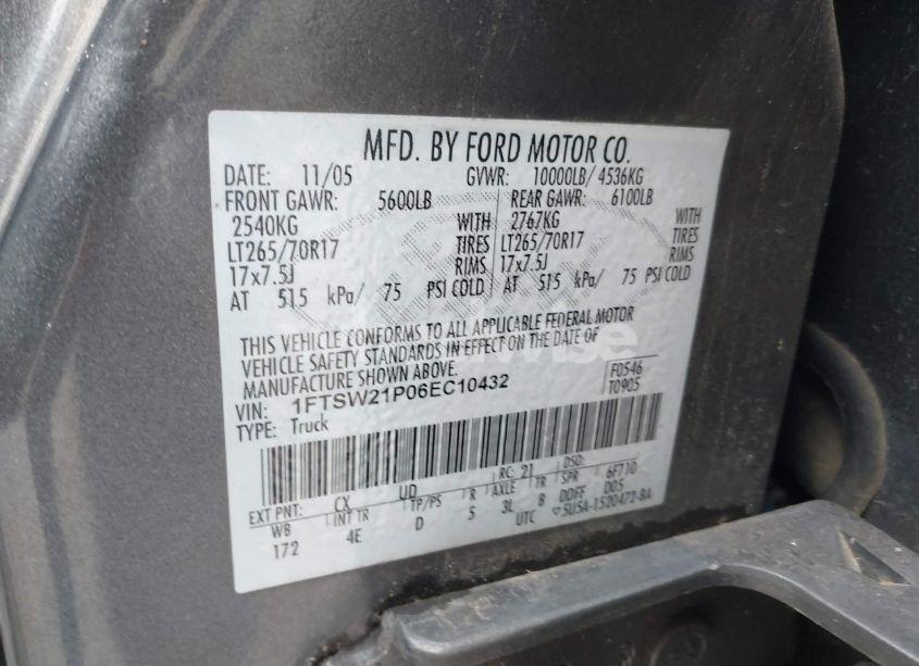 Photo 9 of 2006 Ford F-250 LARIAT/XL/XLT (VIN 1FTSW21P06EC10432)