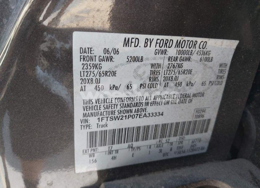 Photo 9 of 2007 Ford F-250 LARIAT/XL/XLT (VIN 1FTSW21P07EA33334)