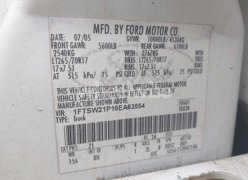 Photo 9 of 2006 Ford F-250 LARIAT/XL/XLT (VIN 1FTSW21P16EA63554)