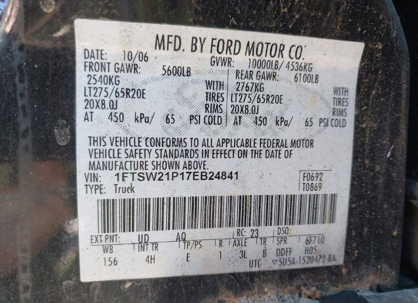 Photo 9 of 2007 Ford F-250 (VIN 1FTSW21P17EB24841)