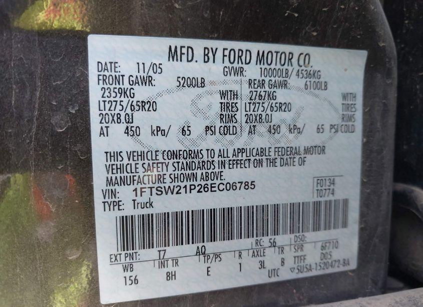 Photo 9 of 2006 Ford F-250 LARIAT/XL/XLT (VIN 1FTSW21P26EC06785)