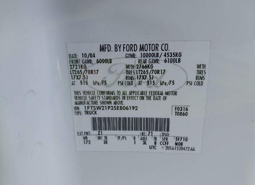 Photo 9 of 2005 Ford F-250 LARIAT/XL/XLT (VIN 1FTSW21P35EB06192)