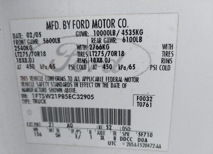 Photo 9 of 2005 Ford F-250 LARIAT/XL/XLT (VIN 1FTSW21P85EC32905)