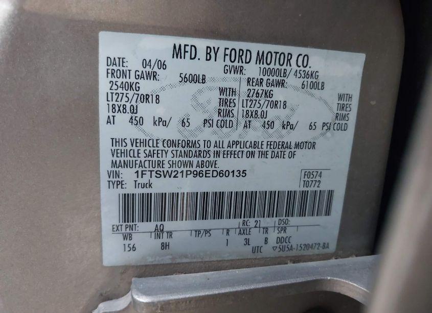 Photo 9 of 2006 Ford F-250 LARIAT/XL/XLT (VIN 1FTSW21P96ED60135)