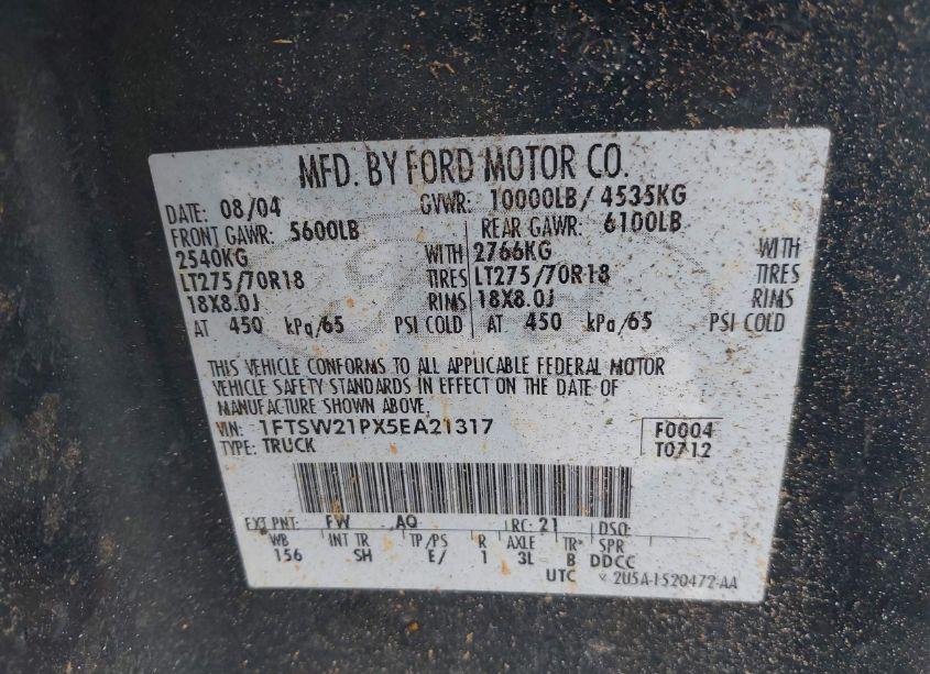 Photo 9 of 2005 Ford F-250 LARIAT/XL/XLT (VIN 1FTSW21PX5EA21317)