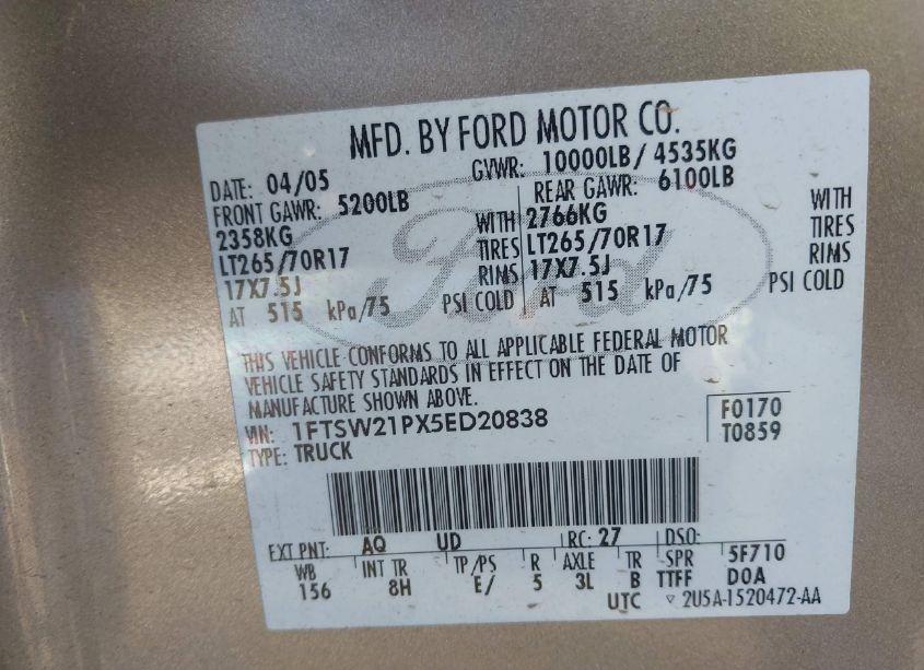 Photo 9 of 2005 Ford F-250 LARIAT/XL/XLT (VIN 1FTSW21PX5ED20838)