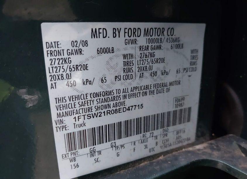 Photo 9 of 2008 Ford F-250 FX4/HARLEY-DAVIDSON/KING RANCH/LARIAT/XL/XLT (VIN 1FTSW21R08ED47715)