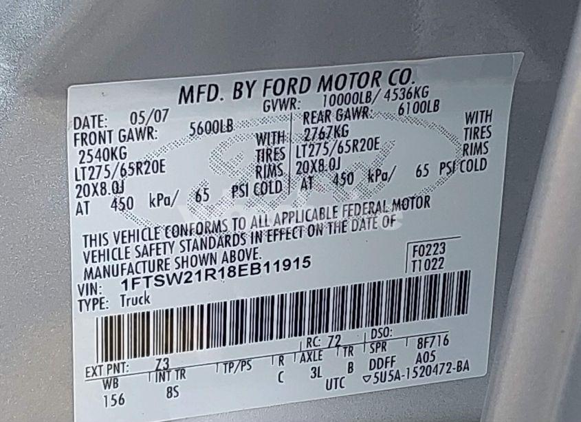 Photo 9 of 2008 Ford F-250 FX4/HARLEY-DAVIDSON/KING RANCH/LARIAT/XL/XLT (VIN 1FTSW21R18EB11915)