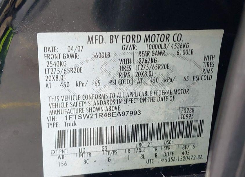 Photo 9 of 2008 Ford F-250 FX4/HARLEY-DAVIDSON/KING RANCH/LARIAT/XL/XLT (VIN 1FTSW21R48EA97993)