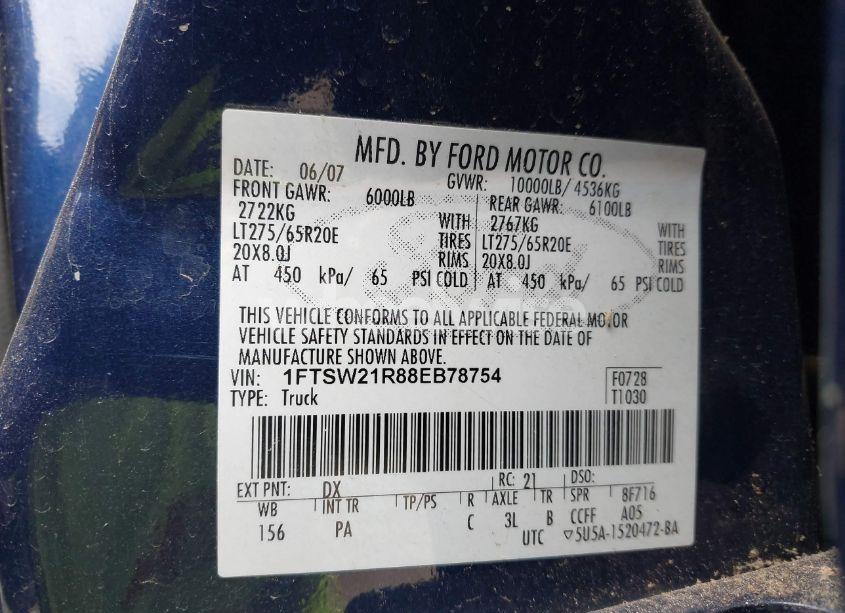 Photo 9 of 2008 Ford F-250 FX4/HARLEY-DAVIDSON/KING RANCH/LARIAT/XL/XLT (VIN 1FTSW21R88EB78754)