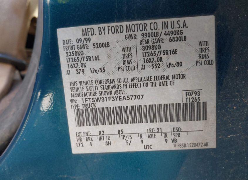 Photo 9 of 2000 Ford F-350 LARIAT/XL/XLT (VIN 1FTSW31F3YEA57707)