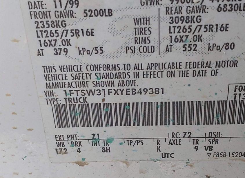 Photo 9 of 2000 Ford F-350 LARIAT/XL/XLT (VIN 1FTSW31FXYEB49381)