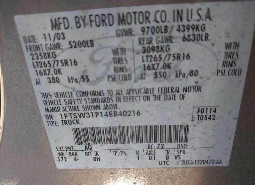 Photo 9 of 2004 Ford F-350 LARIAT/XL/XLT (VIN 1FTSW31P14EB40216)