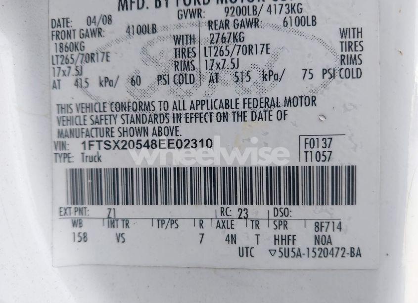 Photo 9 of 2008 Ford F-250 LARIAT/XL/XLT (VIN 1FTSX20548EE02310)