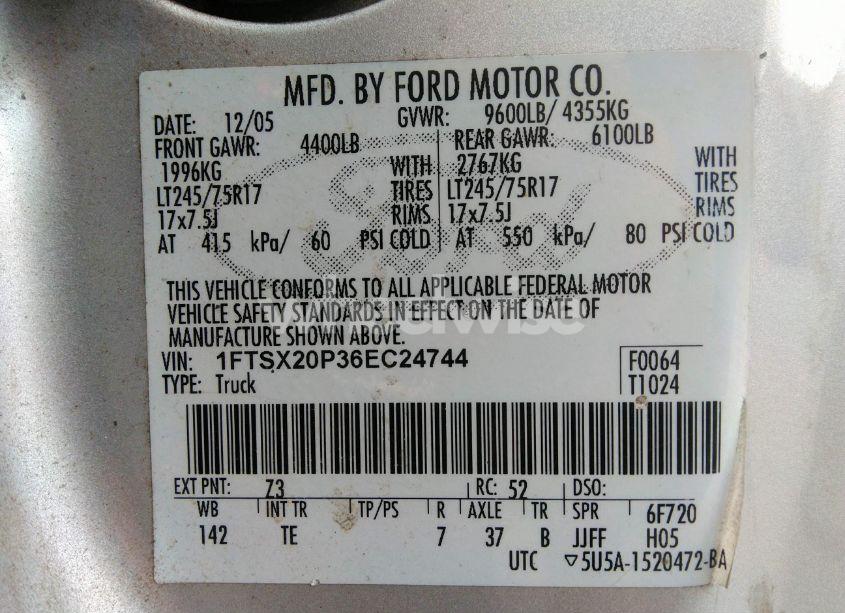 Photo 9 of 2006 Ford F-250 LARIAT/XL/XLT (VIN 1FTSX20P36EC24744)