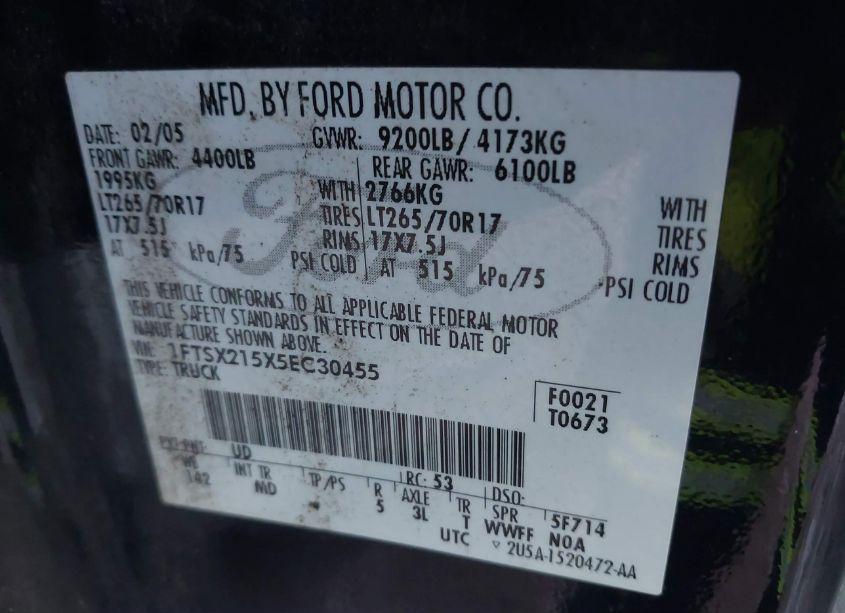 Photo 9 of 2005 Ford F-250 LARIAT/XL/XLT (VIN 1FTSX215X5EC30455)