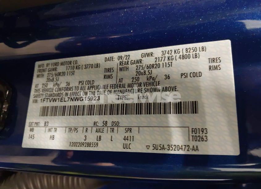 Photo 9 of 2022 Ford F-150 LIGHTNING LARIAT (VIN 1FTVW1EL7NWG15923)