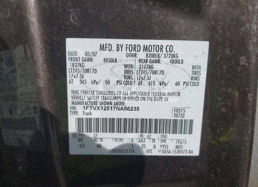 Photo 9 of 2007 Ford F-150 XL/XLT (VIN 1FTVX12517NA56235)