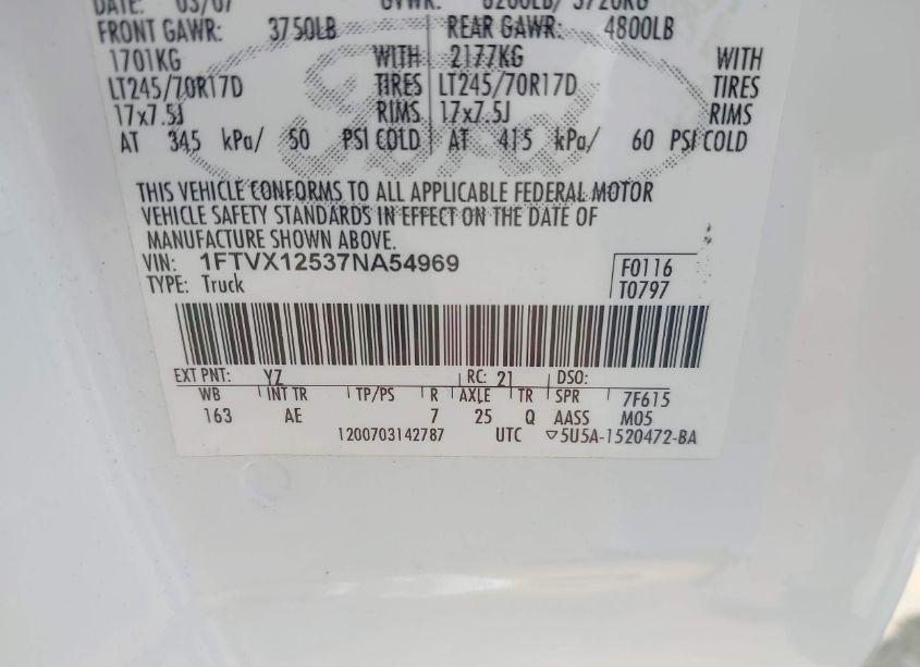Photo 9 of 2007 Ford F-150 XL/XLT (VIN 1FTVX12537NA54969)