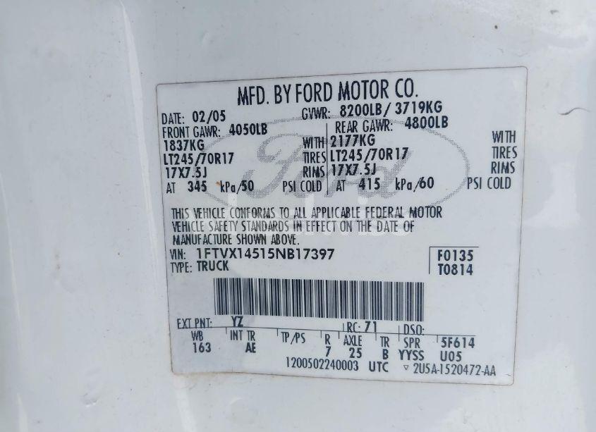 Photo 9 of 2005 Ford F-150 FX4/LARIAT/XL/XLT (VIN 1FTVX14515NB17397)