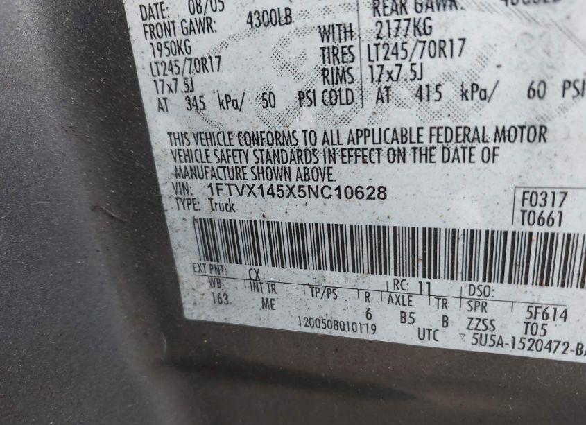 Photo 9 of 2005 Ford F-150 FX4/LARIAT/XL/XLT (VIN 1FTVX145X5NC10628)