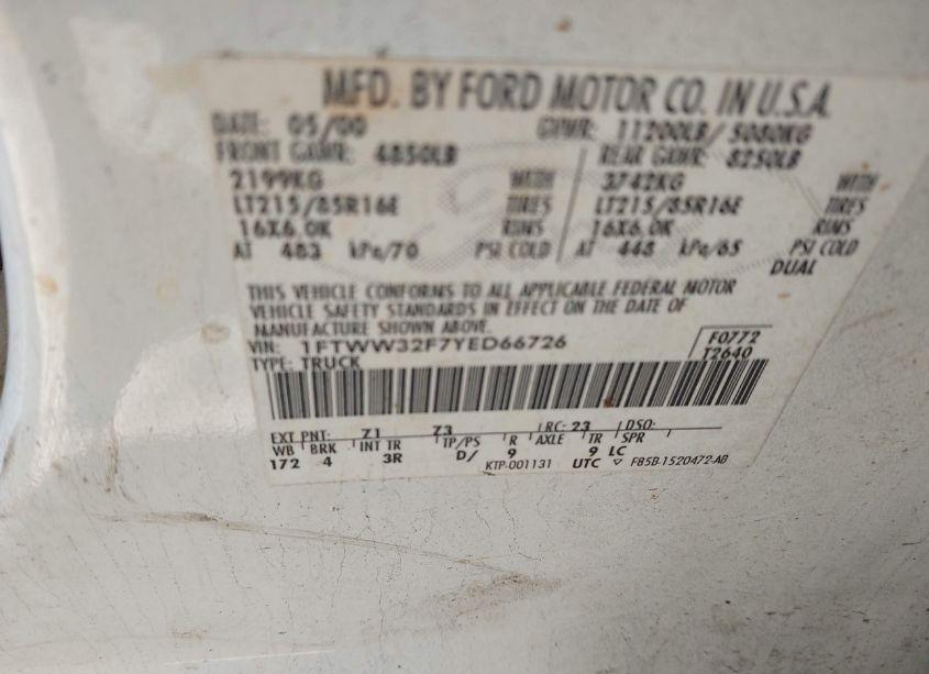 Photo 8 of 2000 Ford F-350 LARIAT/XL/XLT (VIN 1FTWW32F7YED66726)