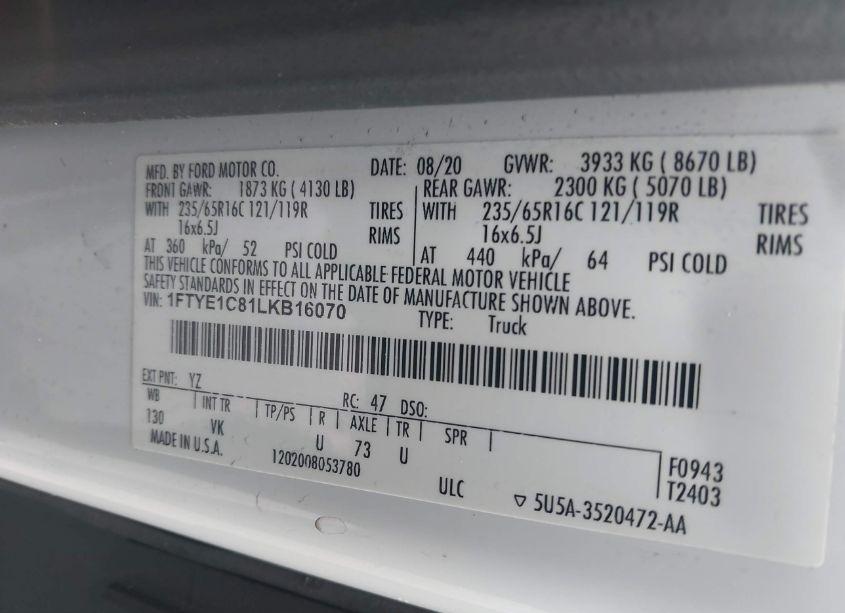 Photo 9 of 2020 Ford Transit-150 CARGO VAN (VIN 1FTYE1C81LKB16070)