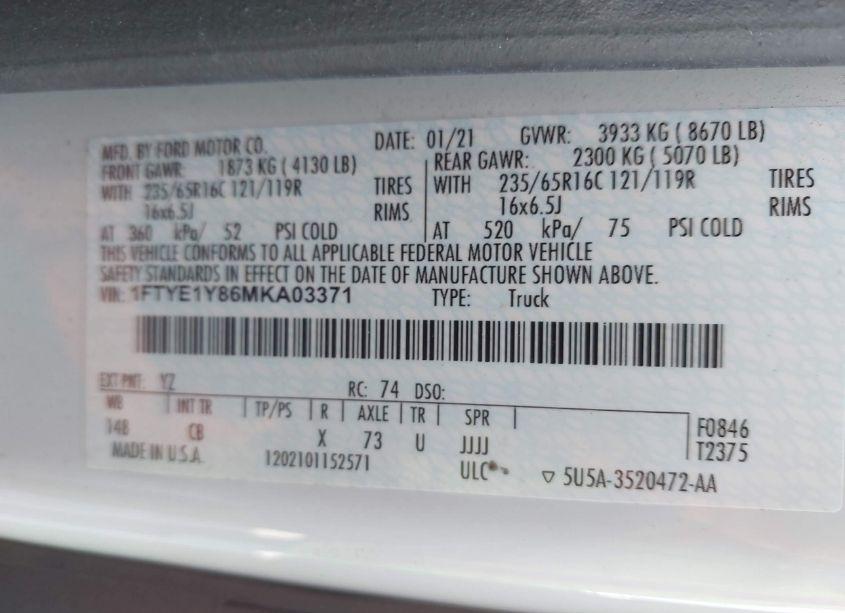 Photo 9 of 2021 Ford Transit-150 CARGO VAN (VIN 1FTYE1Y86MKA03371)