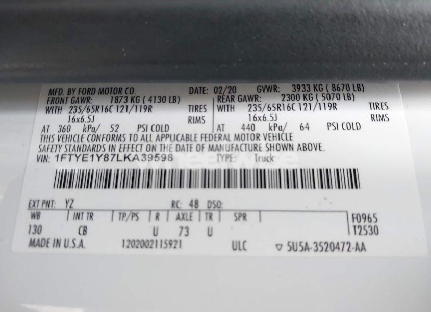 Photo 9 of 2020 Ford Transit-150 CARGO VAN (VIN 1FTYE1Y87LKA39598)