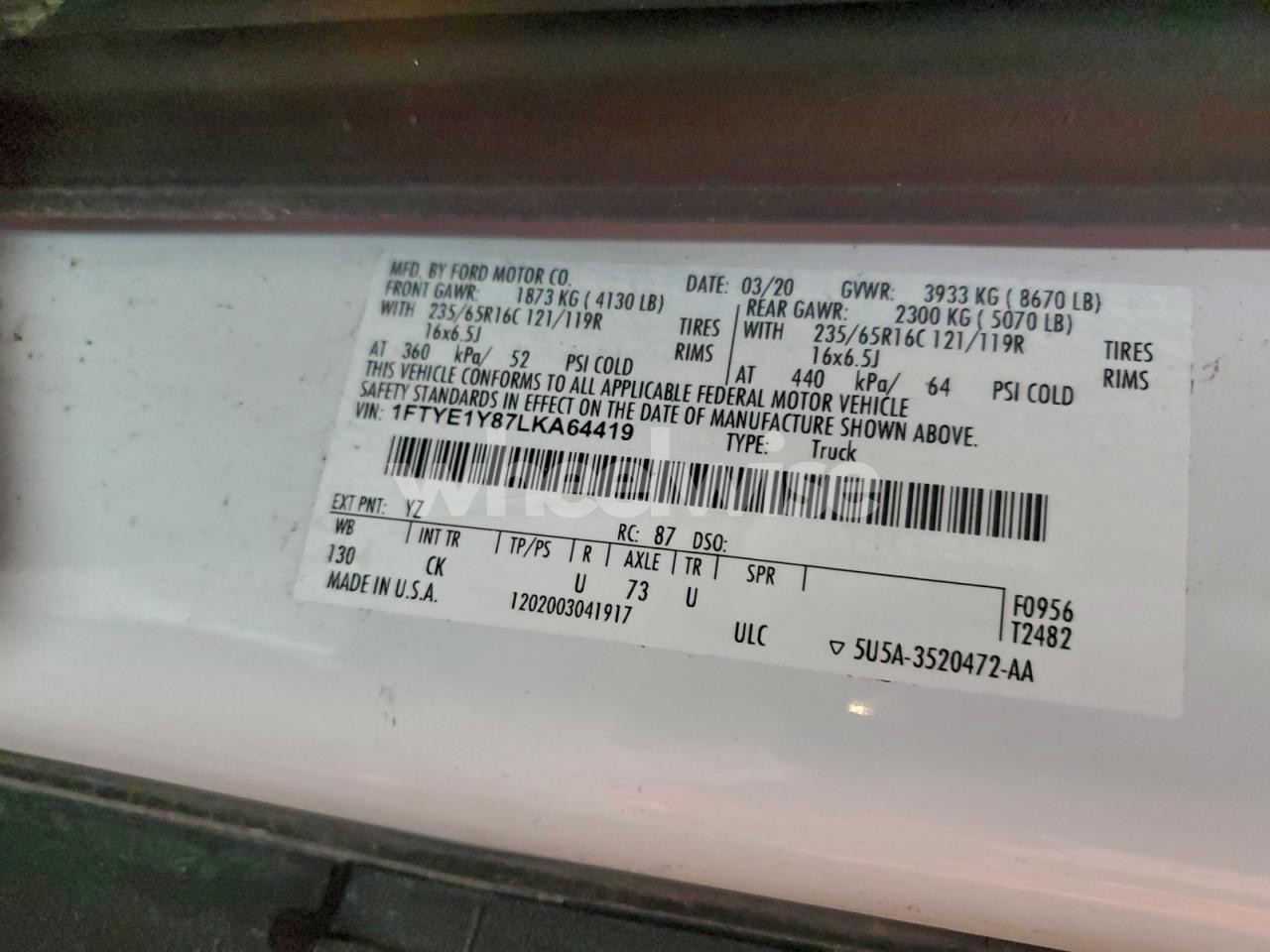 Photo 13 of 2020 FORD TRANSIT 150 DELIVERY VAN (VIN 1FTYE1Y87LKA64419)