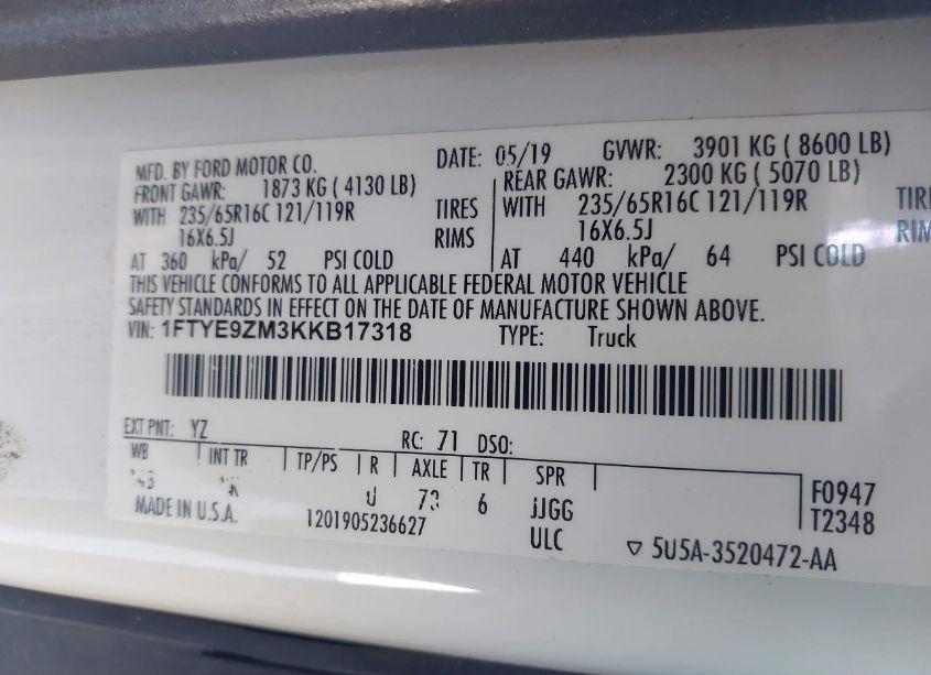 Photo 9 of 2019 Ford Transit-150 (VIN 1FTYE9ZM3KKB17318)