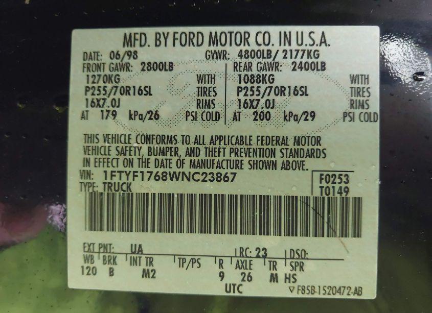 Photo 9 of 1998 Ford F-150 LARIAT/STANDARD/XL/XLT (VIN 1FTYF1768WNC23867)