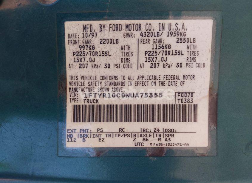 Photo 9 of 1998 Ford Ranger SPLASH/XL/XLT (VIN 1FTYR10C0WUA75355)