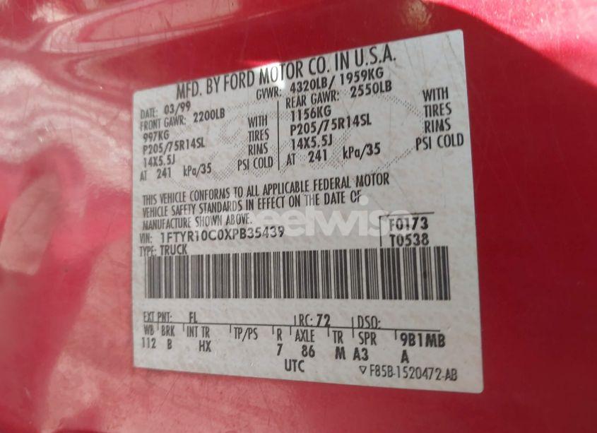Photo 9 of 1999 Ford Ranger XL/XLT (VIN 1FTYR10C0XPB35439)