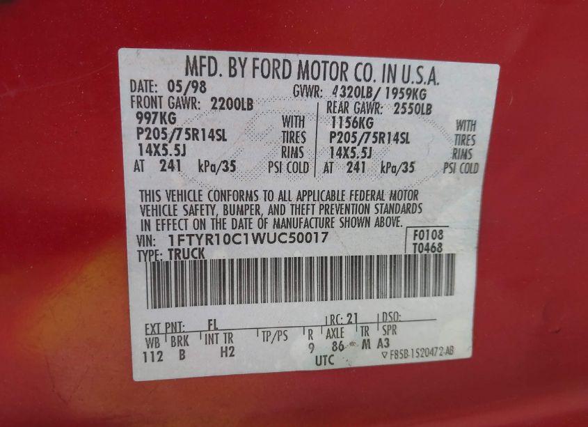 Photo 9 of 1998 Ford Ranger SPLASH/XL/XLT (VIN 1FTYR10C1WUC50017)