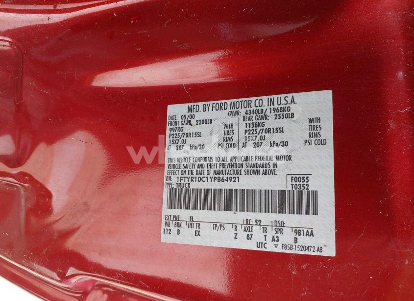 Photo 9 of 2000 Ford Ranger XL/XLT (VIN 1FTYR10C1YPB64921)