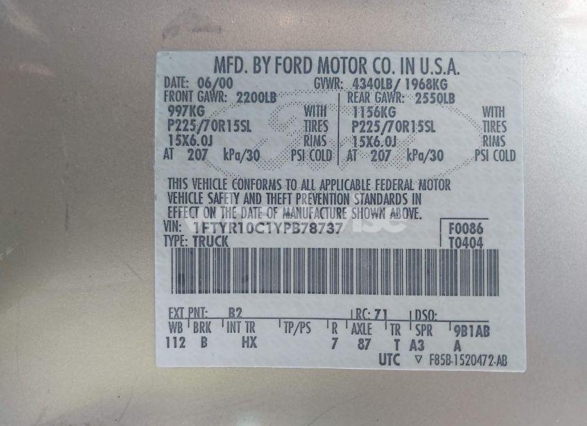 Photo 9 of 2000 Ford Ranger XL/XLT (VIN 1FTYR10C1YPB78737)