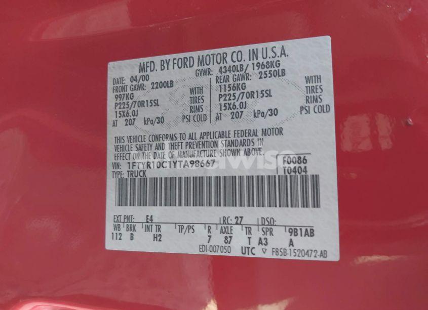 Photo 9 of 2000 Ford Ranger XL/XLT (VIN 1FTYR10C1YTA98667)