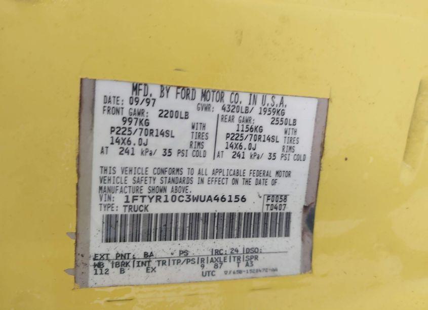 Photo 9 of 1998 Ford Ranger SPLASH/XL/XLT (VIN 1FTYR10C3WUA46156)