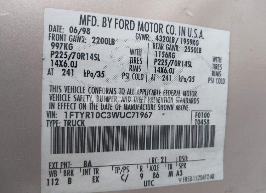 Photo 9 of 1998 Ford Ranger SPLASH/XL/XLT (VIN 1FTYR10C3WUC71967)