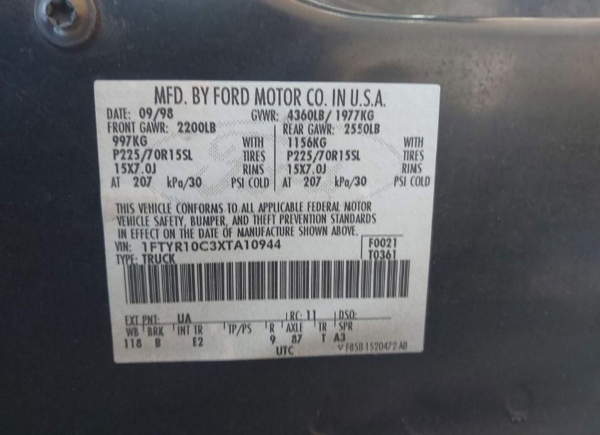 Photo 9 of 1999 Ford Ranger XL/XLT (VIN 1FTYR10C3XTA10944)